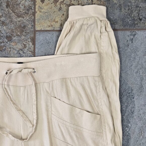 Bebe Sz 2 Cream Linen Blend Pull On Casual Cargo Pants Drawstring Waist Pockets - Picture 4 of 14